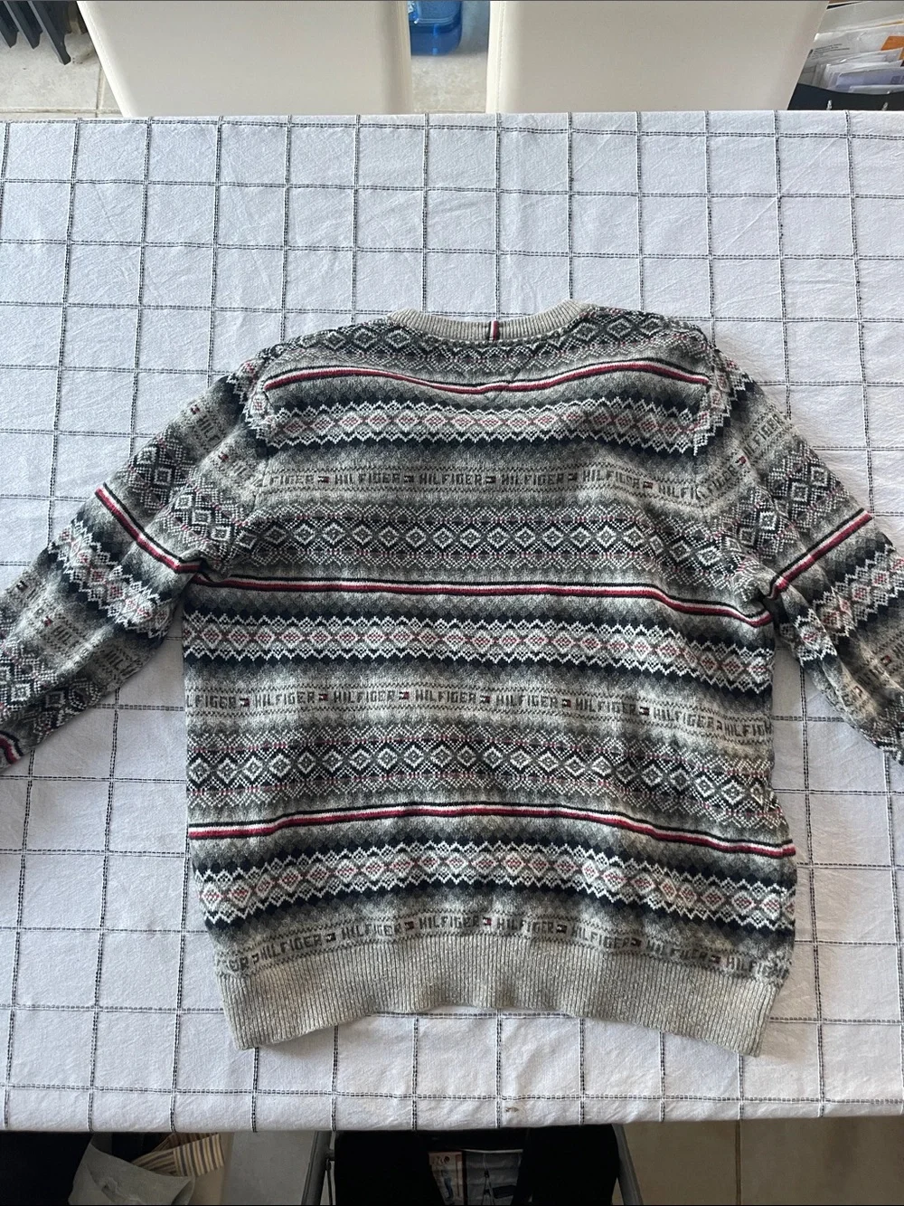 Tommy Hilfiger Gray Crewneck Fair Isle Sweater with Red & Black Accents